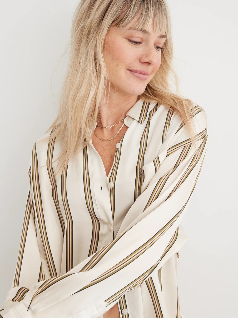 aerie Cream & Olive Striped Long Sleeve Satin PJ-To-Party Button Shirt sz Large - Picture 3 of 10